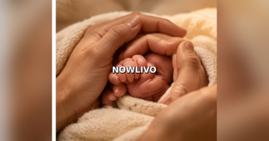 Editorial illustration of an infant holding an adult hand, representing a public family announcement