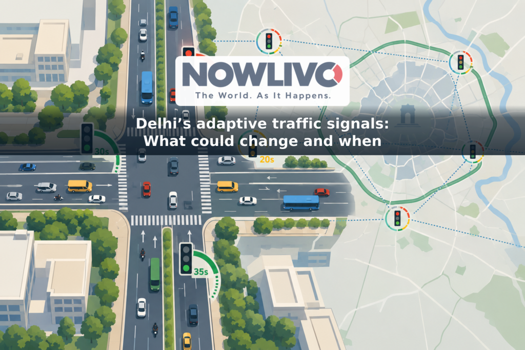 Conceptual illustration of Delhi intersections linked by a data grid, with traffic signal timing arcs responding to different vehicle queues.
