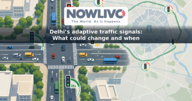 Conceptual illustration of Delhi intersections linked by a data grid, with traffic signal timing arcs responding to different vehicle queues.