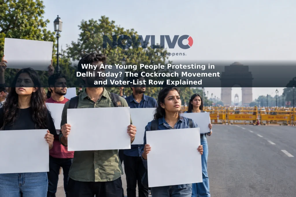 Illustration of young adult demonstrators holding blank placards on a street in New Delhi.