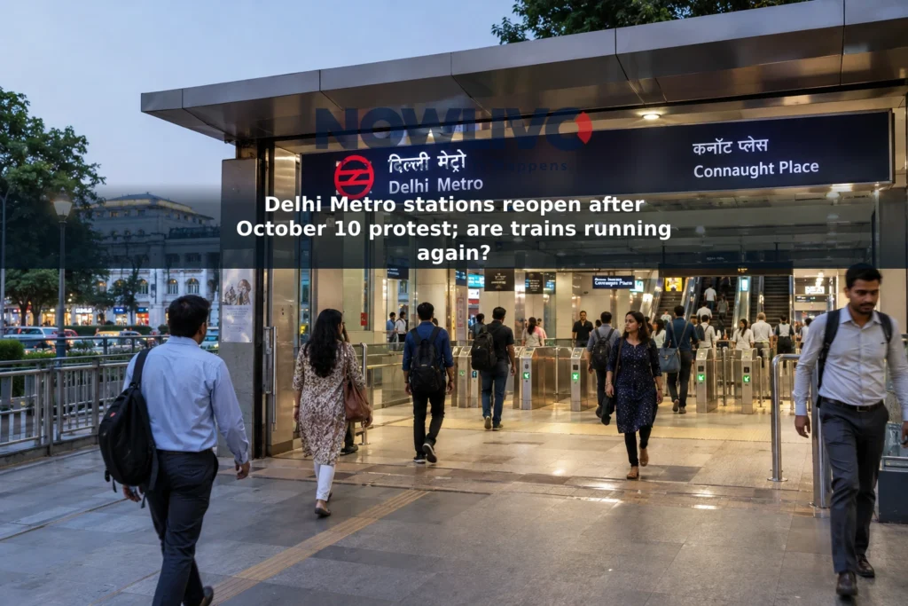 Adult commuters entering and leaving an open Delhi Metro station entrance in the evening.