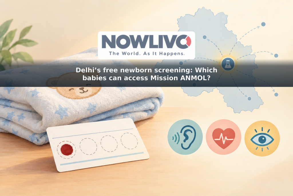 Illustration of a newborn screening card and blood-spot sample beside separate hearing, heart and eye check symbols, with one Delhi laboratory hub highlighted.