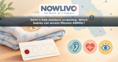 Illustration of a newborn screening card and blood-spot sample beside separate hearing, heart and eye check symbols, with one Delhi laboratory hub highlighted.