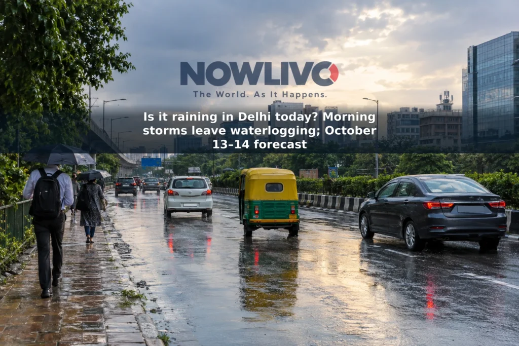 Illustrative Delhi-NCR street scene with wet roads and commuters after rain.
