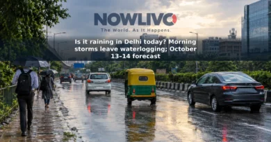 Illustrative Delhi-NCR street scene with wet roads and commuters after rain.