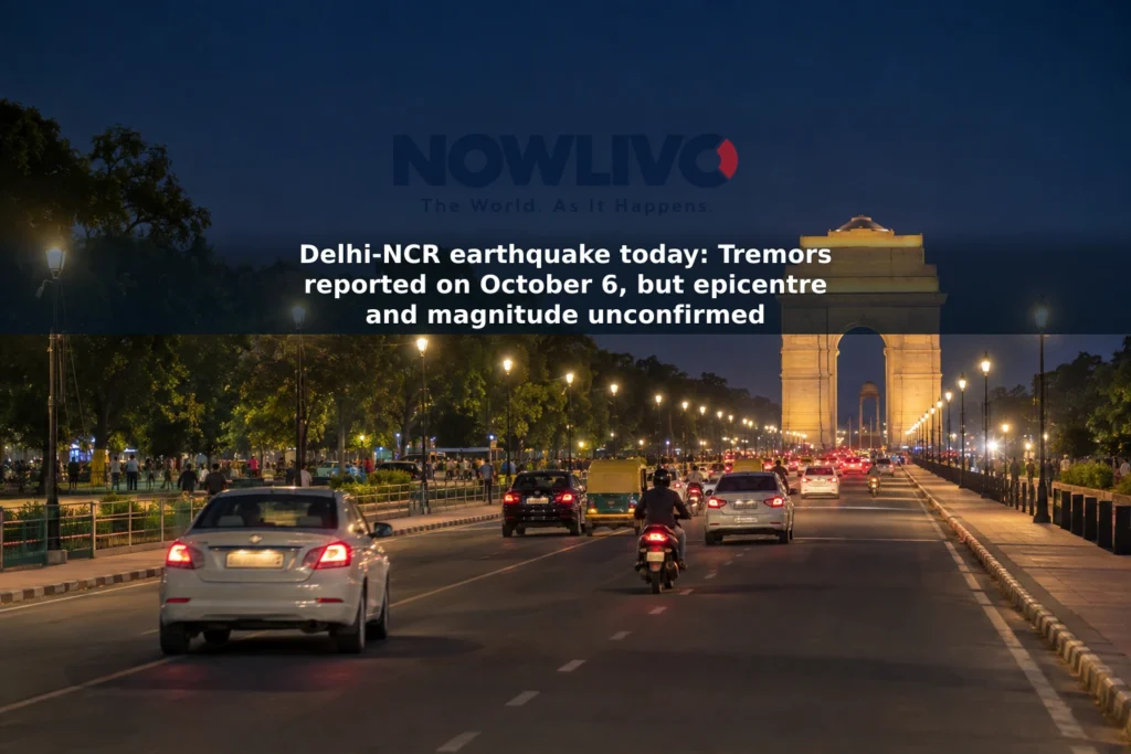 Nighttime New Delhi streetscape with India Gate in the distance, illustrating reports of tremors in Delhi-NCR.