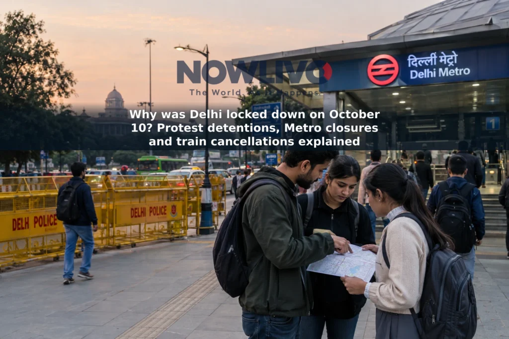 Illustrative scene of commuters near a Delhi Metro entrance with road barricades in the background.