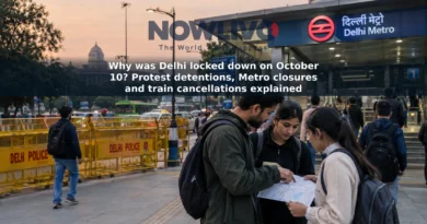 Illustrative scene of commuters near a Delhi Metro entrance with road barricades in the background.