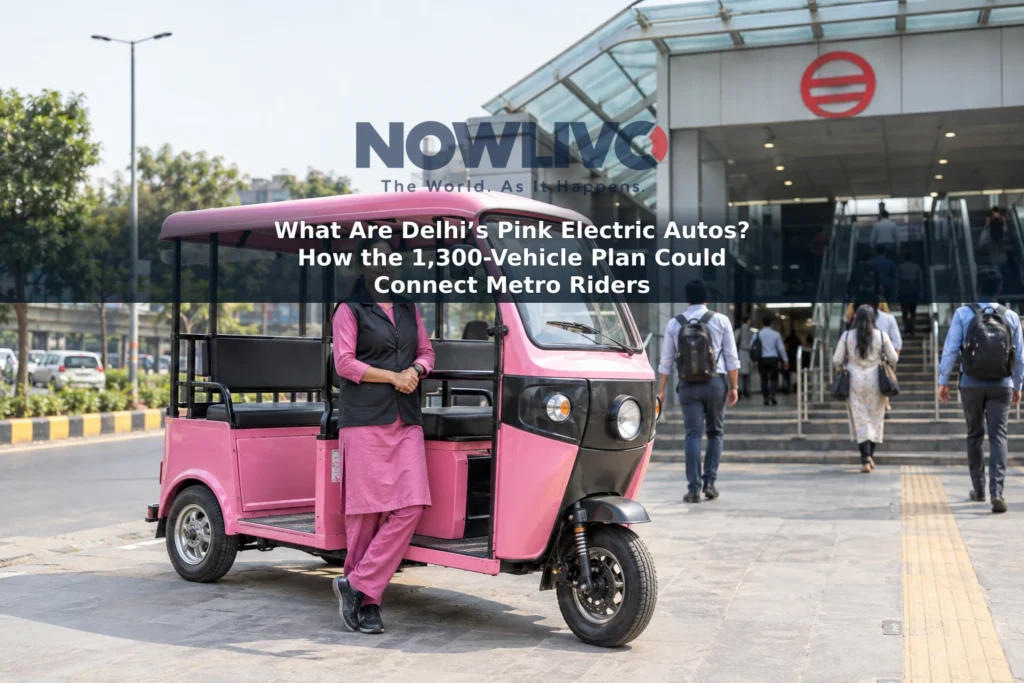 Illustrative scene of a pink electric autorickshaw and its driver near a Metro station entrance in Delhi.