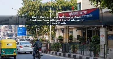 Editorial-style image of a police station exterior on a Delhi street.