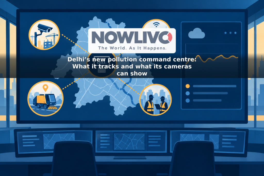 Illustration of a Delhi map linking construction cameras, air-quality sensors, road sweepers and field teams to a central monitoring display.