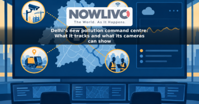 Illustration of a Delhi map linking construction cameras, air-quality sensors, road sweepers and field teams to a central monitoring display.
