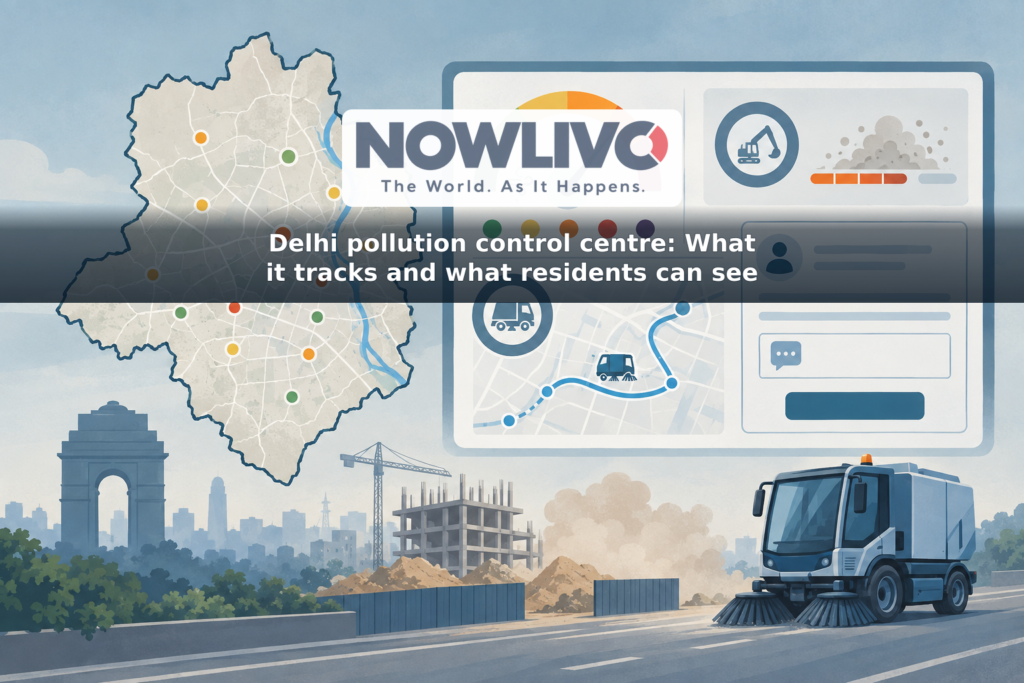 Illustration of a Delhi map with air-quality gauges, construction-site monitoring, a road-sweeping route and a resident feedback form.