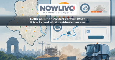 Illustration of a Delhi map with air-quality gauges, construction-site monitoring, a road-sweeping route and a resident feedback form.