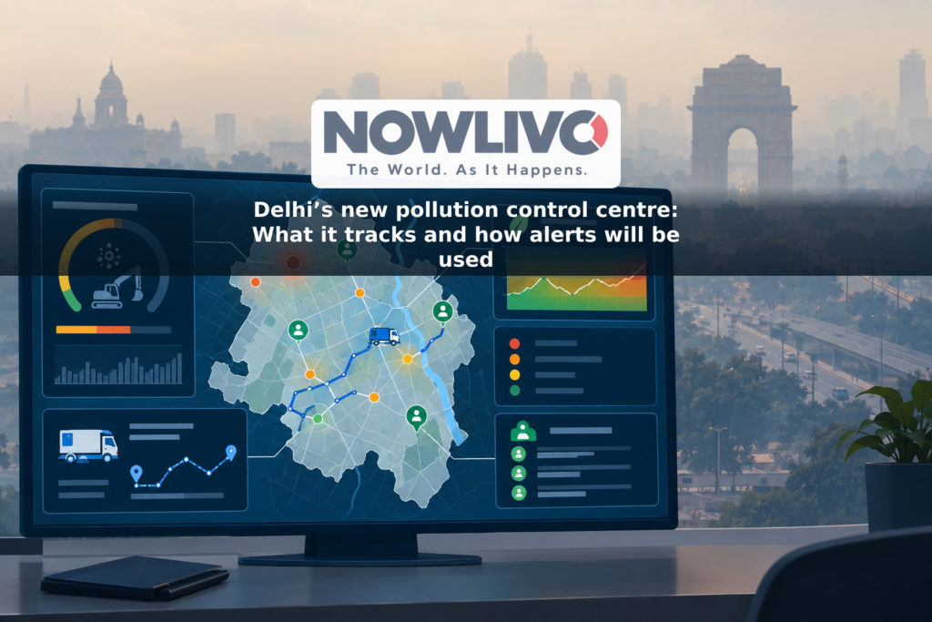 Illustration of a Delhi map linking air-quality readings, a construction site, a road sweeper and a field team on a conceptual dashboard.