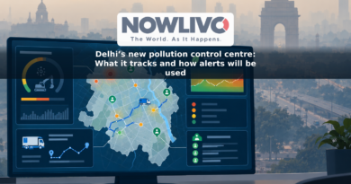 Illustration of a Delhi map linking air-quality readings, a construction site, a road sweeper and a field team on a conceptual dashboard.