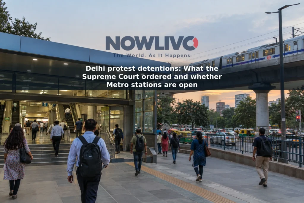 Adult commuters walking near a Delhi Metro station entrance in an editorial-style city scene