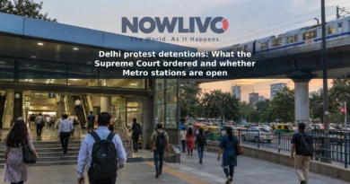 Adult commuters walking near a Delhi Metro station entrance in an editorial-style city scene