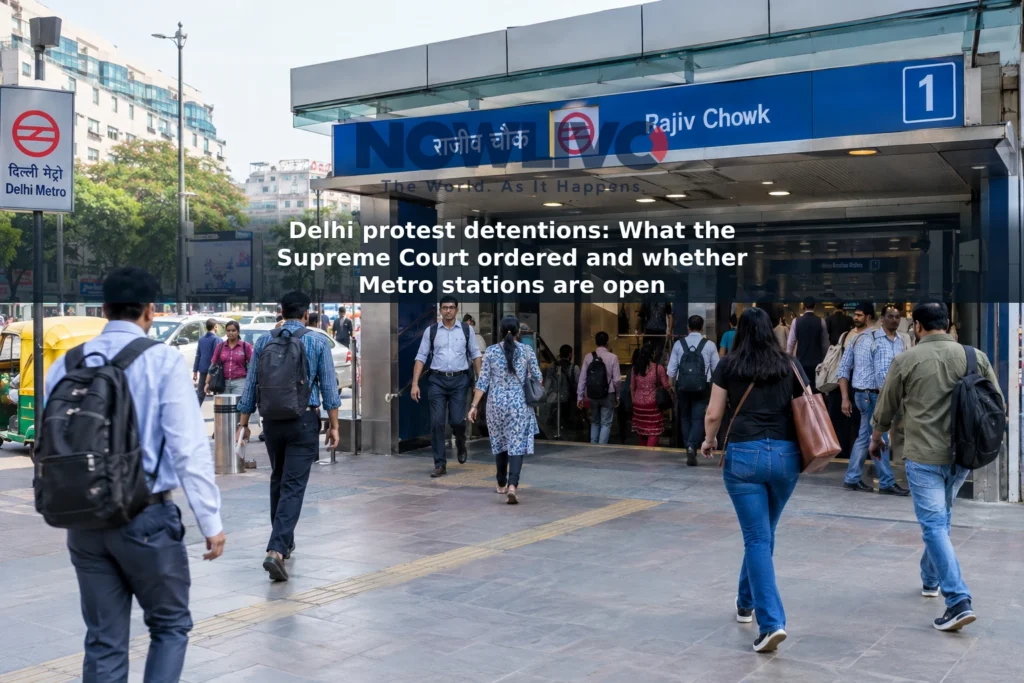 Illustrative view of adult commuters entering and leaving a Delhi Metro station.