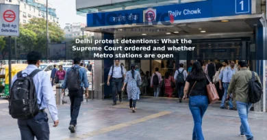 Illustrative view of adult commuters entering and leaving a Delhi Metro station.