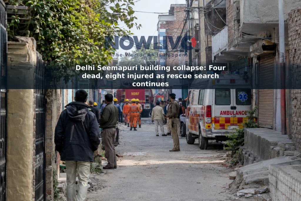 Illustrative view of emergency vehicles and rescue personnel in a narrow Delhi residential lane.