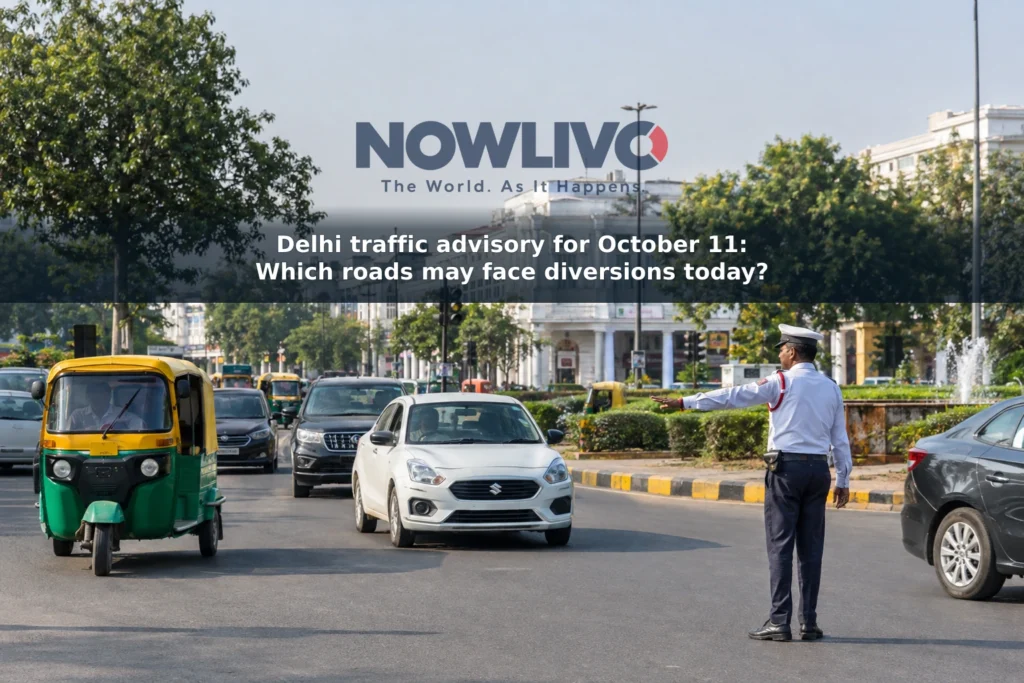 Traffic moving through a central New Delhi junction as a traffic officer directs vehicles.