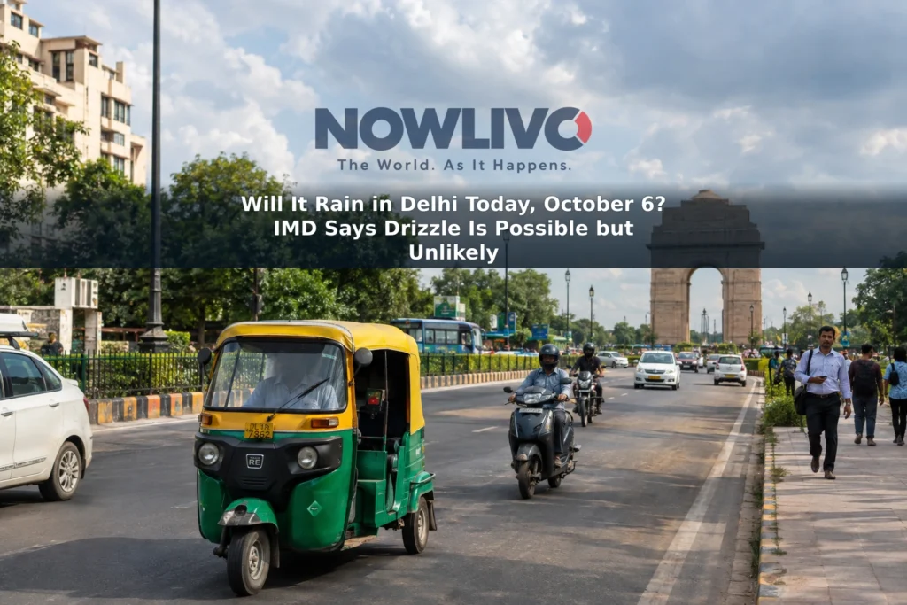 Partly cloudy sky above a dry Delhi street with commuters and an auto-rickshaw