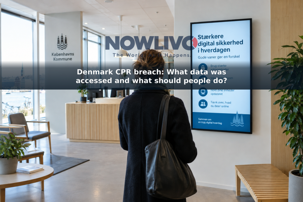 Visitor viewing a digital-safety display in a Danish public-service office.