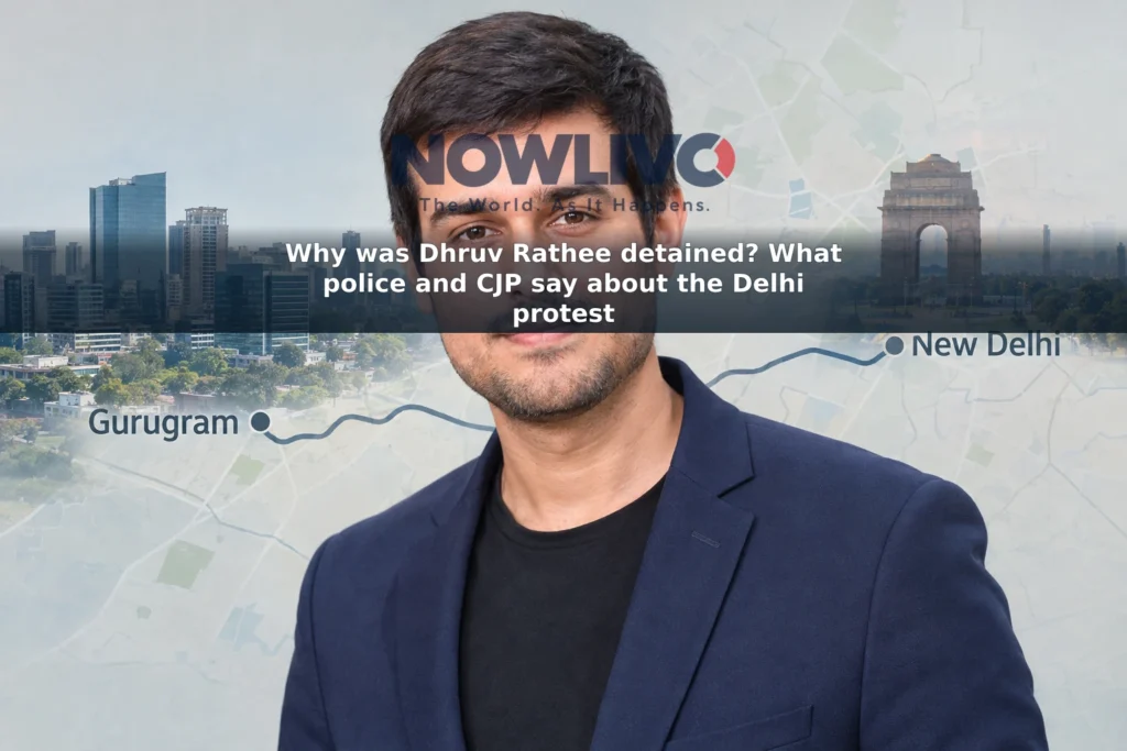 Editorial illustration of Dhruv Rathee against a subtle Gurugram and New Delhi map-inspired background.