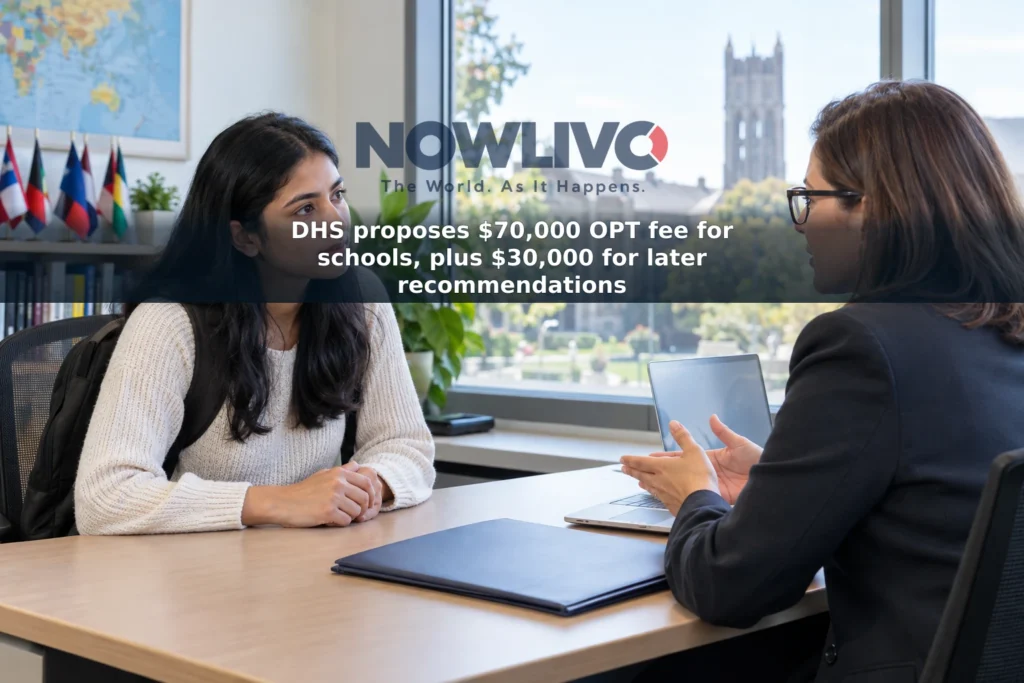 Adult student speaking with a university adviser about an OPT application in a campus office.