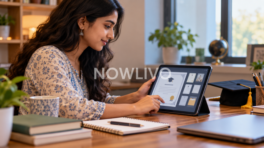 Indian student checking a digital certificate on a tablet