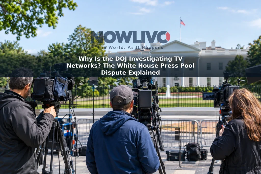 Television news cameras in a press area with the White House visible in the background.