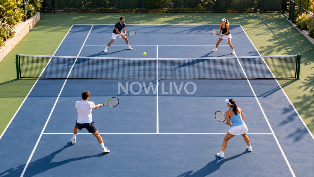 Four tennis players on a doubles court with visible service boxes