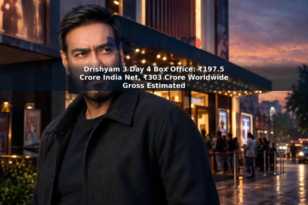 Illustrative portrait of Ajay Devgn beside a lit cinema entrance.