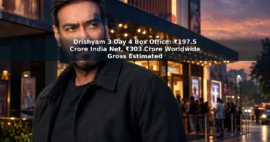 Illustrative portrait of Ajay Devgn beside a lit cinema entrance.