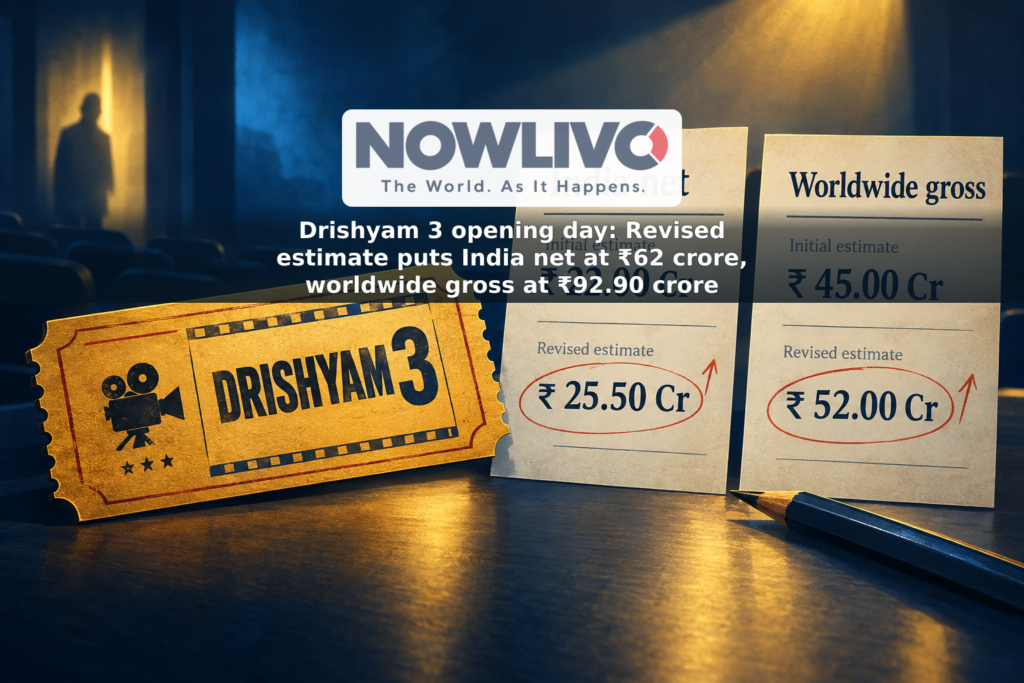Illustration of a cinema ticket and separate India net and worldwide gross columns, with pencil marks indicating revised box-office estimates.