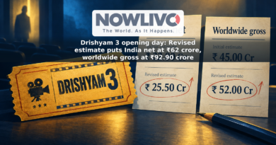 Illustration of a cinema ticket and separate India net and worldwide gross columns, with pencil marks indicating revised box-office estimates.