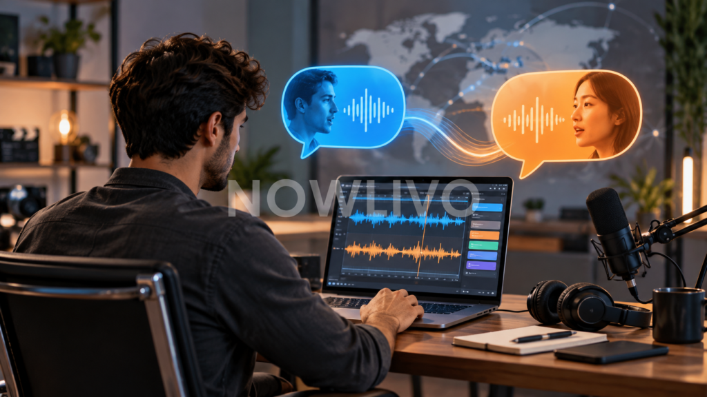 Video creator editing illustrated multilingual audio tracks