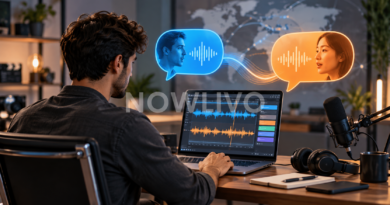 Video creator editing illustrated multilingual audio tracks