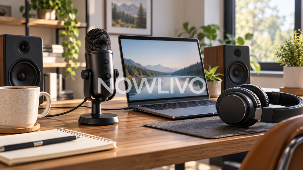 USB microphone, laptop, speakers and headphones on a desk