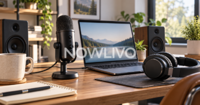 USB microphone, laptop, speakers and headphones on a desk