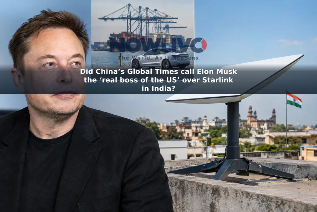 Editorial composite of Elon Musk, a satellite internet dish in India, and an electric car at a US port