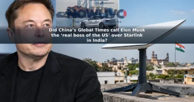 Editorial composite of Elon Musk, a satellite internet dish in India, and an electric car at a US port