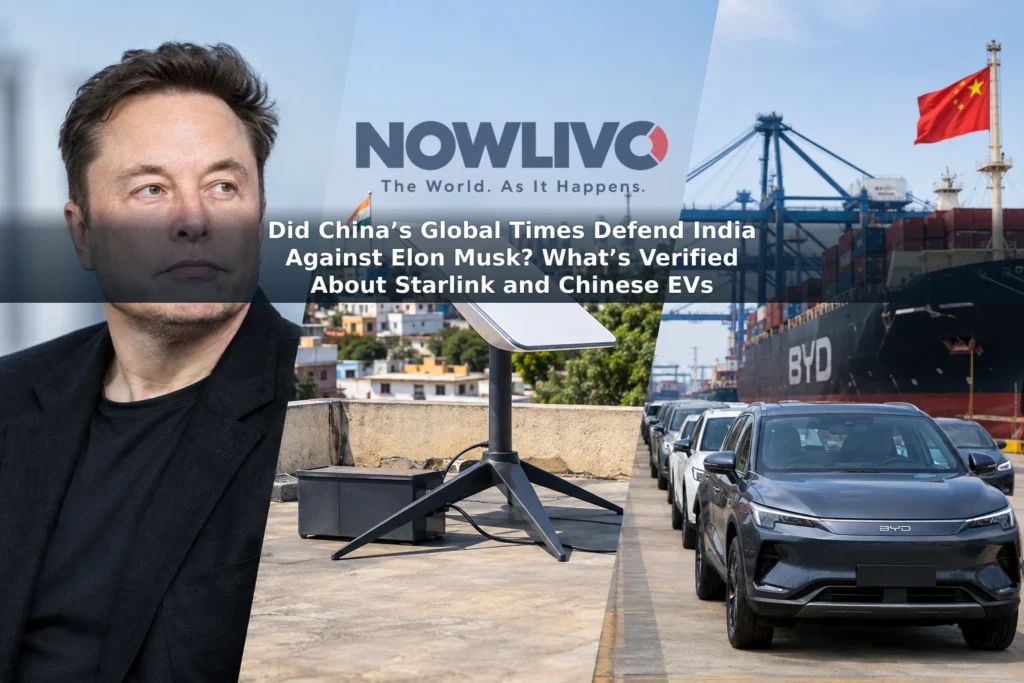 Editorial composite showing Elon Musk, a satellite internet dish in India and electric cars at a US port.