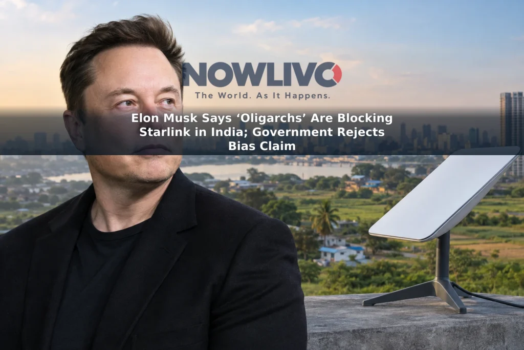 Editorial composite of Elon Musk beside a satellite internet dish and an Indian landscape.