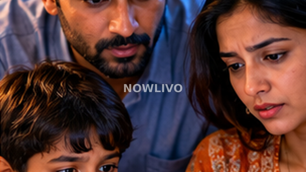 Indian family carefully checking a viral phone video together at home