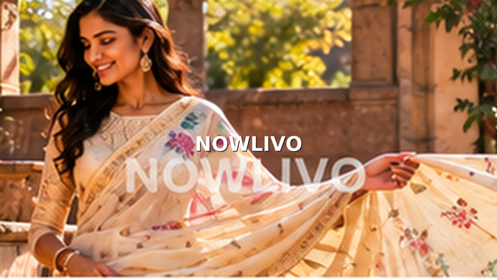 A woman wearing a cream floral saree outdoors in warm festive light
