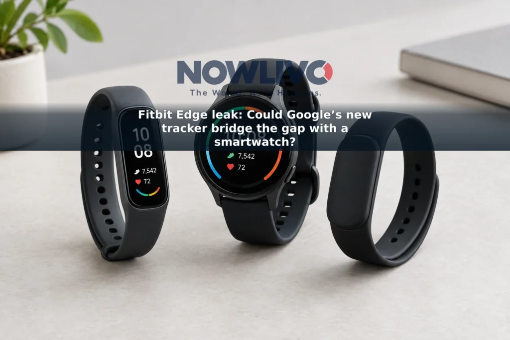 Concept image of a screen-equipped fitness band between a screenless tracker and a round smartwatch.