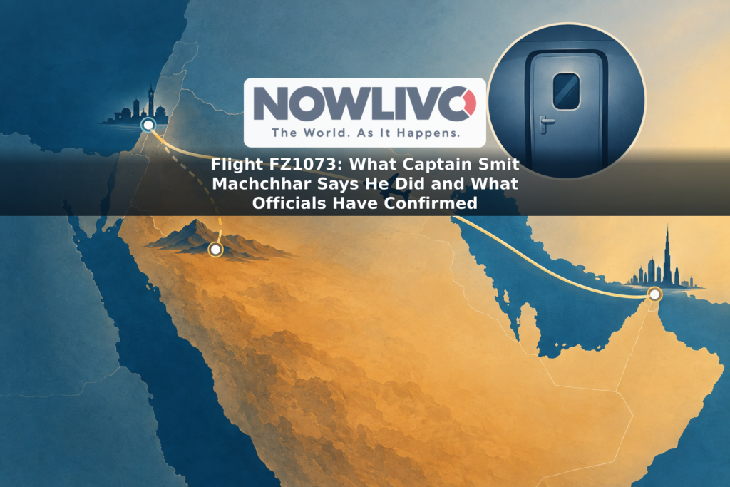 Illustrated aircraft route turning from a Dubai-to-Tel Aviv path toward Tabuk, beside a cockpit-door symbol.