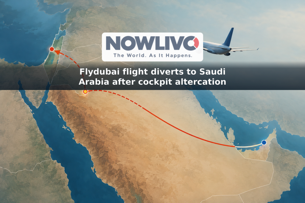 Illustration of a passenger jet and a flight path diverted toward Tabuk on a map-like background.